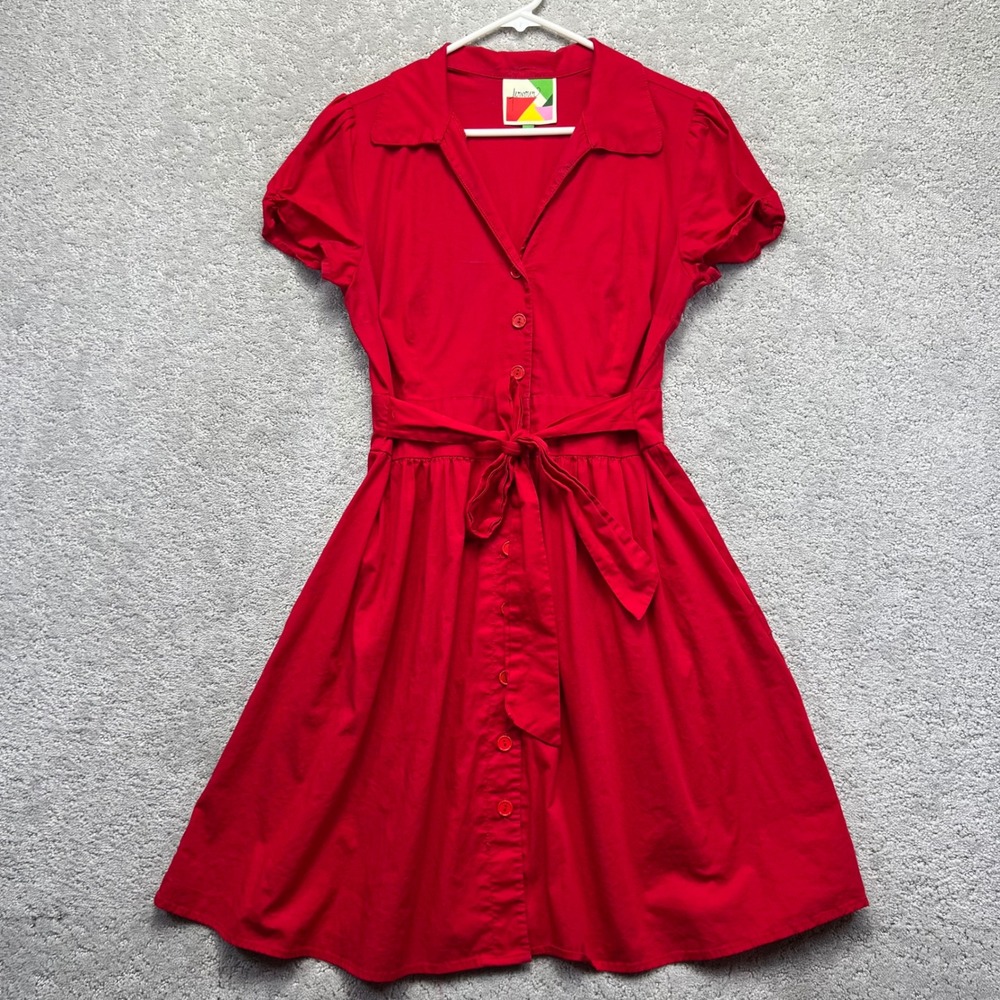Fervour Dress Womens L Red Cotton Button Front Fit and Flare Short Sleeve USA